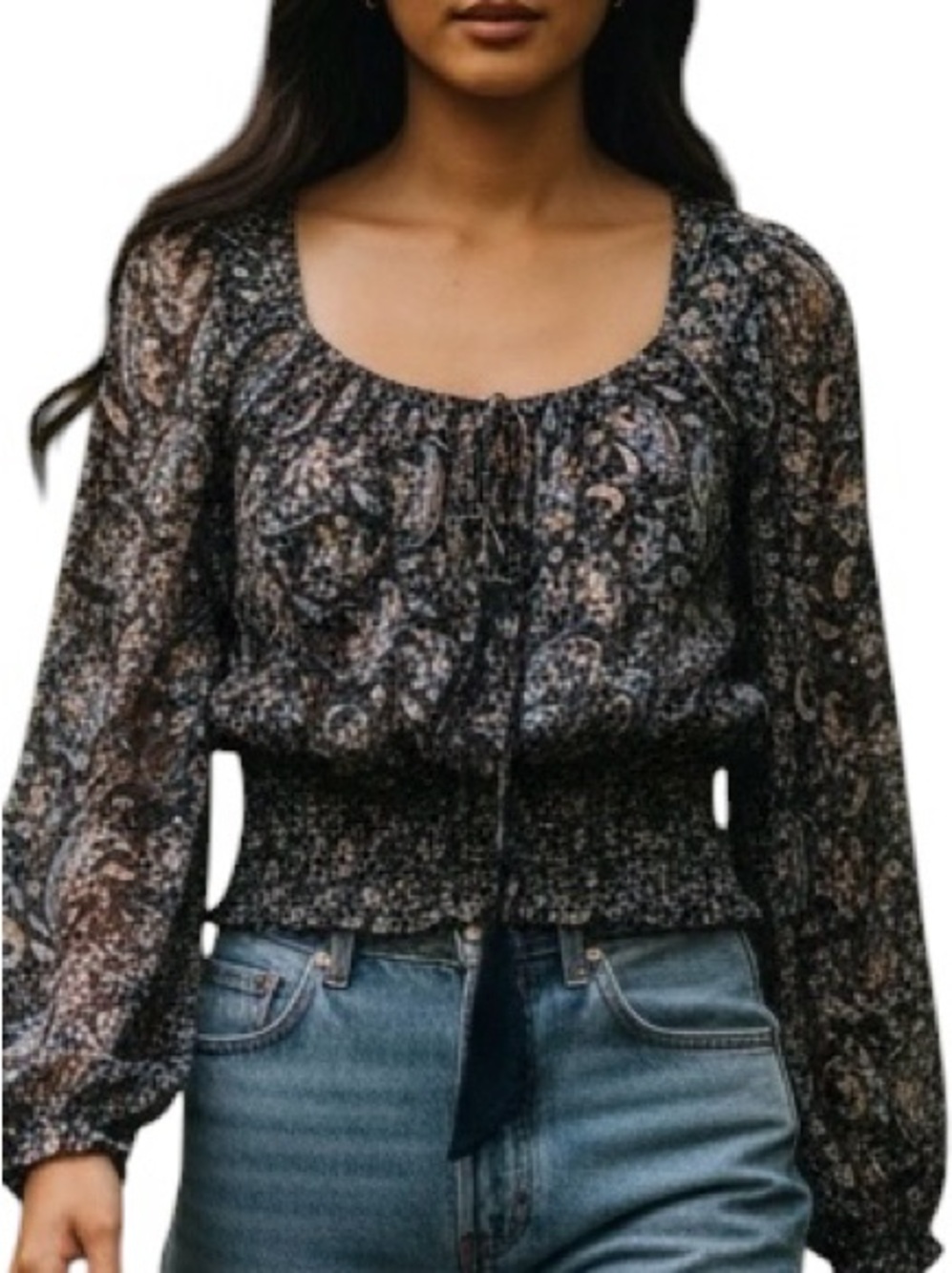 Free People Black Paisley Smocked Waist Peasant Blouse